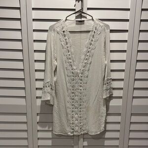La Blanca White Crochet/ Cotton V- Neck Swim Tunic Coverup